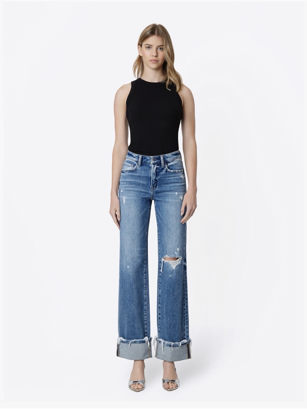 Flying Monkey Mid-Rise Wide Leg Distressed Jeans - Blue